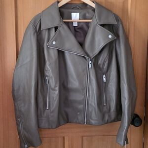 H&M Olive Taupe Faux Leather Moto Jacket